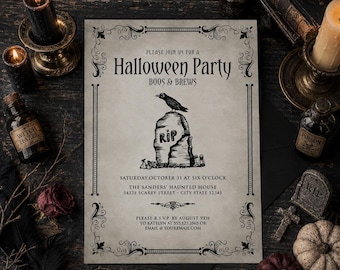 Editable Halloween Invitation, Vintage Raven Graveyard Invite, Gothic Tombstone Halloween Party Invitation, Printable Template