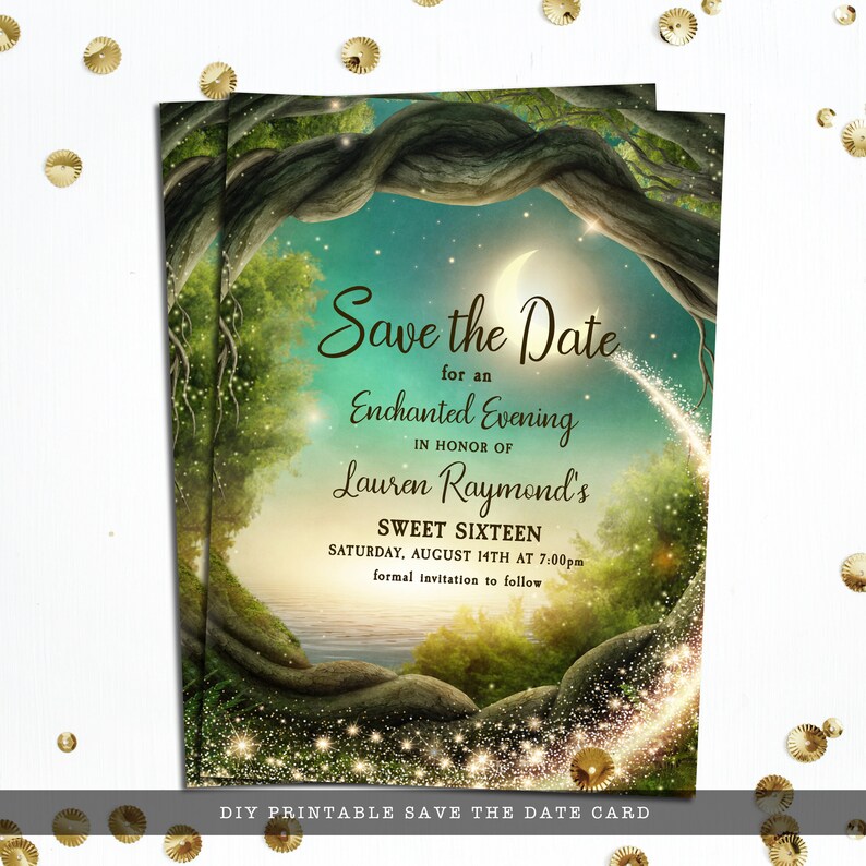 Enchanted Forest Themed Save the Date. This beautiful design is created with a fairy tale themed with a mystical forest, moon, and glitter streaming throughout it. Designed by MetroEvents.