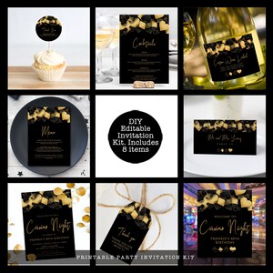 Casino night party bundle designed with hearts, diamonds, clubs, and spades framing the top in gold and black. Designed By MetroEvents.