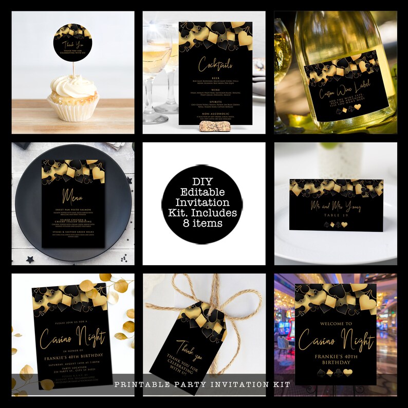 Casino night party bundle designed with hearts, diamonds, clubs, and spades framing the top in gold and black. Designed By MetroEvents.