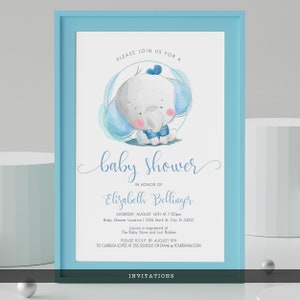 May include: A baby shower invitation in a light blue frame. The invitation features a watercolor illustration of a baby elephant with blue accents. The text reads "baby shower" and includes event details.