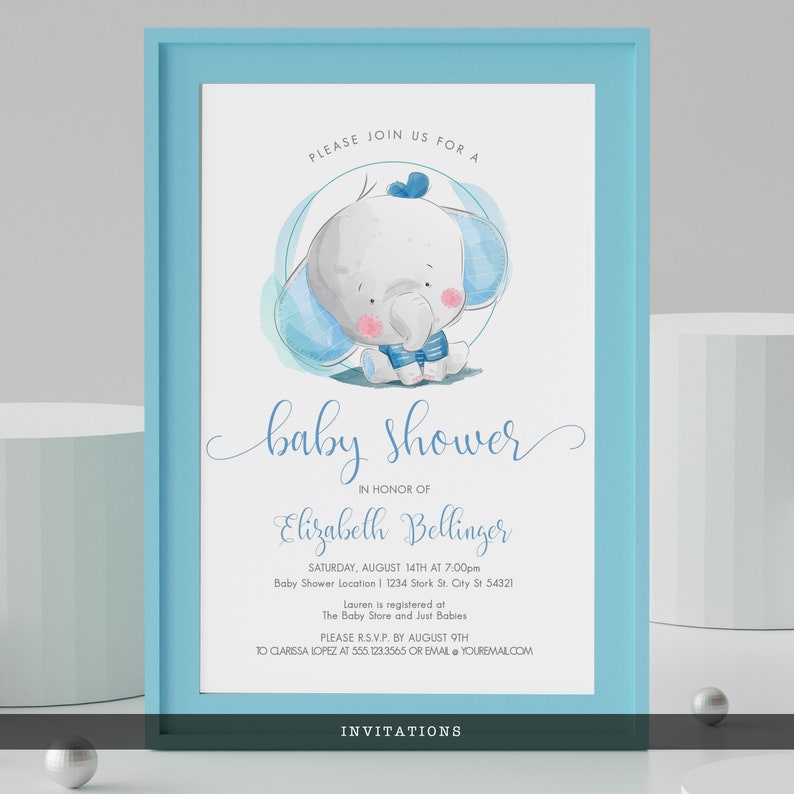 May include: A baby shower invitation in a light blue frame. The invitation features a watercolor illustration of a baby elephant with blue accents. The text reads "baby shower" and includes event details.