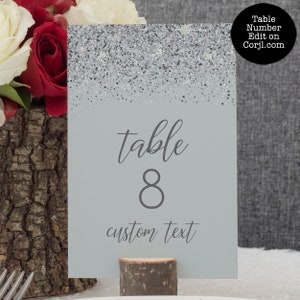 Número de mesa de noiva com glitter prateado, decoração de mesa com glitter, cartões de mesa para impressão, número de mesa prateado, glitter cinza e prateado, modelo Corjl