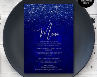 Royal Blue Glitter Food Menu, Custom Menu, Blue Food Menu, Dinner Menu, Editable Menu, Instant Download, Printable Menu, Corjl Template