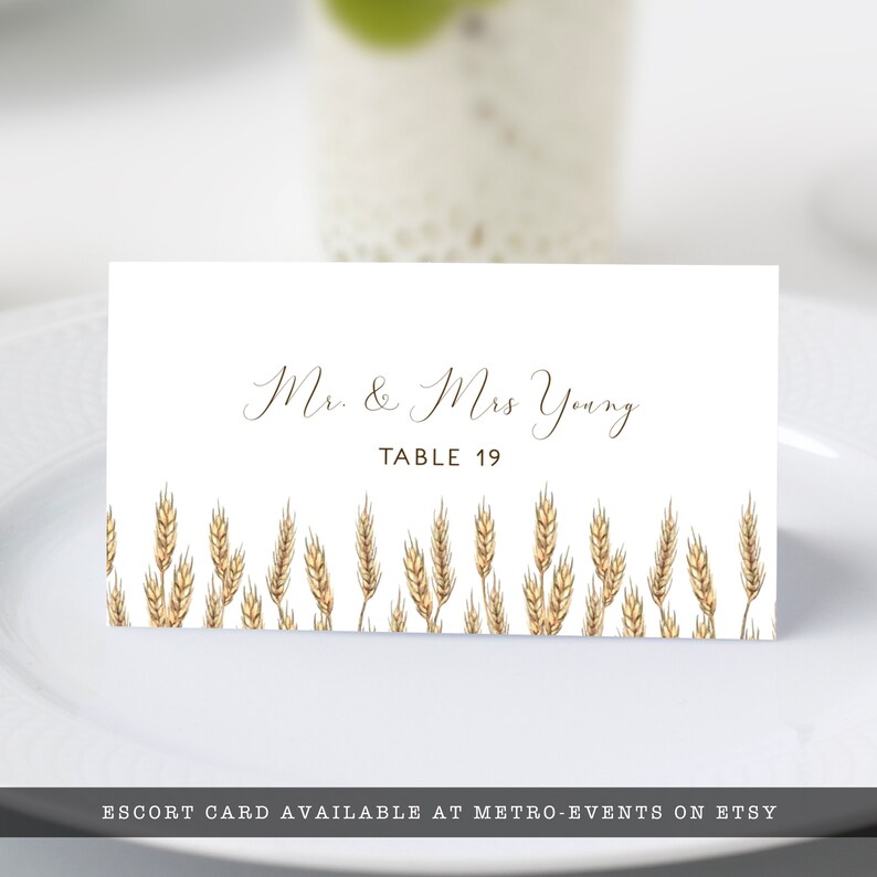 May include: A white escort card with the text "Mr. & Mrs Young" and "TABLE 19" in brown script. The card is decorated with a row of wheat stalks at the bottom.