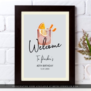 Minimalist Cocktail Party Welcome Sign. A classy cocktail glass garnished with an orange and retro typography. Designed by MetroEvents.