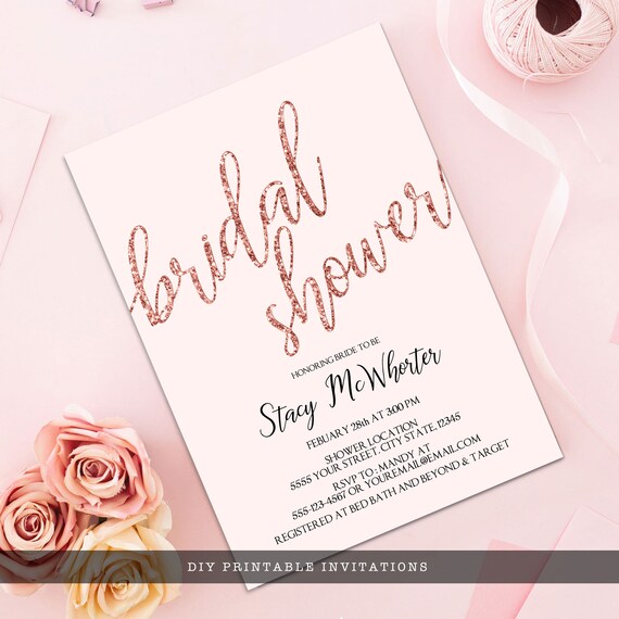 Blush Pink Bridal Shower Invitations Pink Glitter Bridal Shower