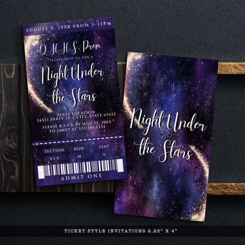 Night under the stars, galaxy-themed invitation. This design is created with a star-filled purple and blue starry sky background with a half-ring of shooting stars training through it. Designed by MetroEvents.