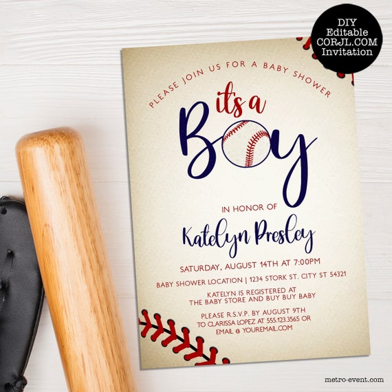 Vintage Baseball Baby Shower Invitation, Couple's Sports Baby Shower Invitations, Printable Invitation, Baby Shower For Boys, Corjl Invite Il_570xn