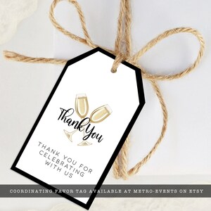 Champagne Brunch, Champagne Themed favor tags. Created with a gold champagne glass with a white background and black outline. Designed By MetroEvents