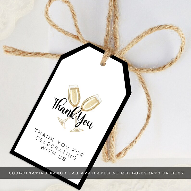 Champagne Brunch, Champagne Themed favor tags. Created with a gold champagne glass with a white background and black outline. Designed By MetroEvents