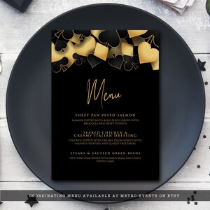 Casino night dinner menu bundle designed with hearts, diamonds, clubs, and spades framing the top in gold and black. Designed By MetroEvents.