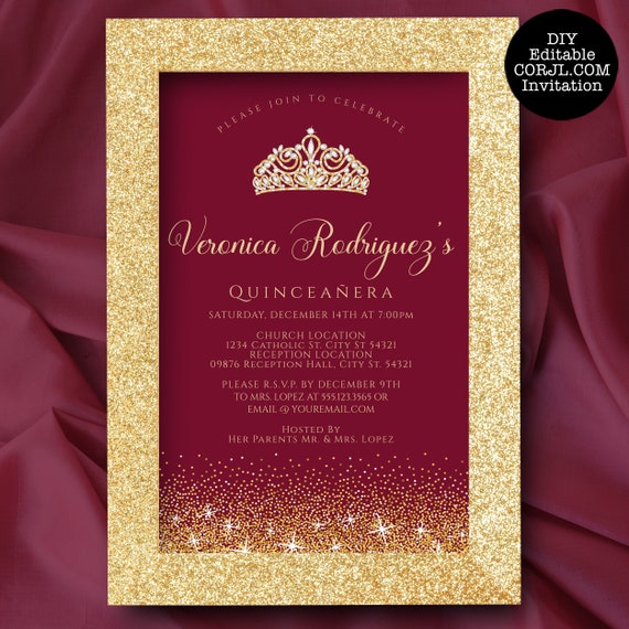 Gold and Red Glitter Quinceanera Invitation, Glitter Quinceanera Invitation, Red Quinceanera Invitations, Printable Quince Invitation, Corjl Il_570xn