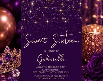 Purple Rose Gold Sweet 16 Invitation Template, Editable Sweet Sixteen Invite, Glam Glitter Birthday Invitation, Printable Invite