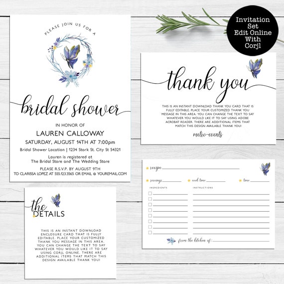 Butterfly Bridal Shower Invitations Set Invitation Thank You Card Enclosure Card Recipe Card Printable Invitation Kit Butterfly Invite By Metro Events Party Supplies Catch My Party