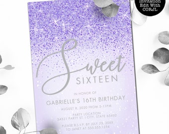 Purple Glitter Sweet 16 Invitation: Glam Printable (Digital Download)