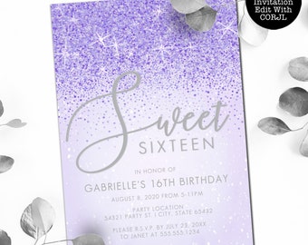 Purple Glitter Sweet 16 Invitation, Sweet Sixteen Invitations, Light Purple Sweet Sixteen, Glam Sweet 16 Invitations, Printable Invitations