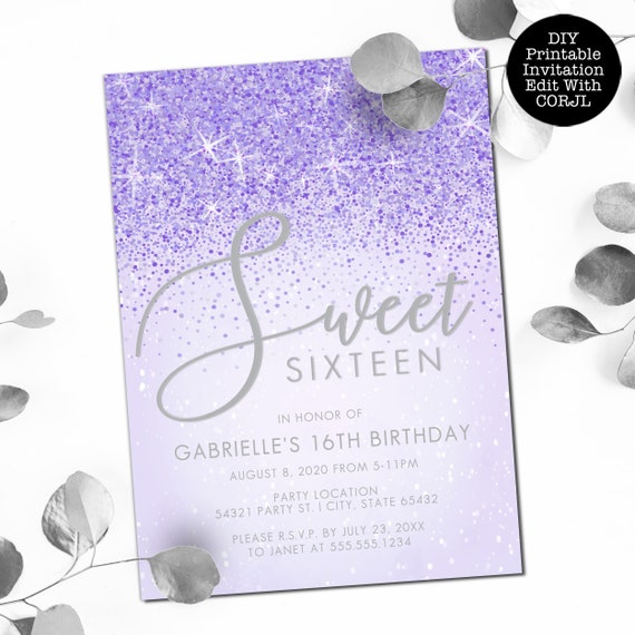 Purple Glitter Sweet 16 Invitation Sweet Sixteen Invitations Etsy