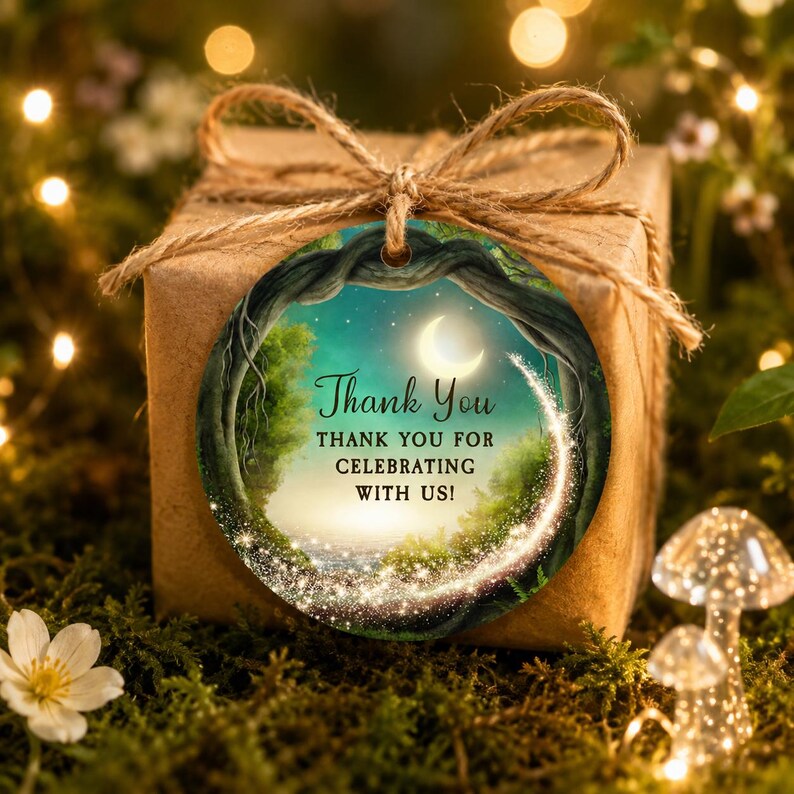 Op de afbeelding: Een rond cadeaulabel vastgebonden met bruin touw aan een vierkante doos. Het label bevat een cirkelvormige illustratie van een bos bij nacht met een maansikkel, gloeiende vonken en de tekst Thank You THANK YOU FOR CELEBRATING WITH US! in het zwart.