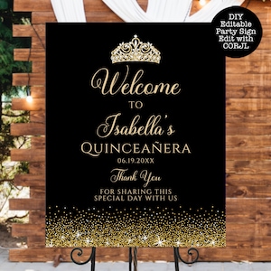 Black and Gold Glitter Welcome Sign: Quinceanera, Sweet Sixteen (Printable, Instant Download)