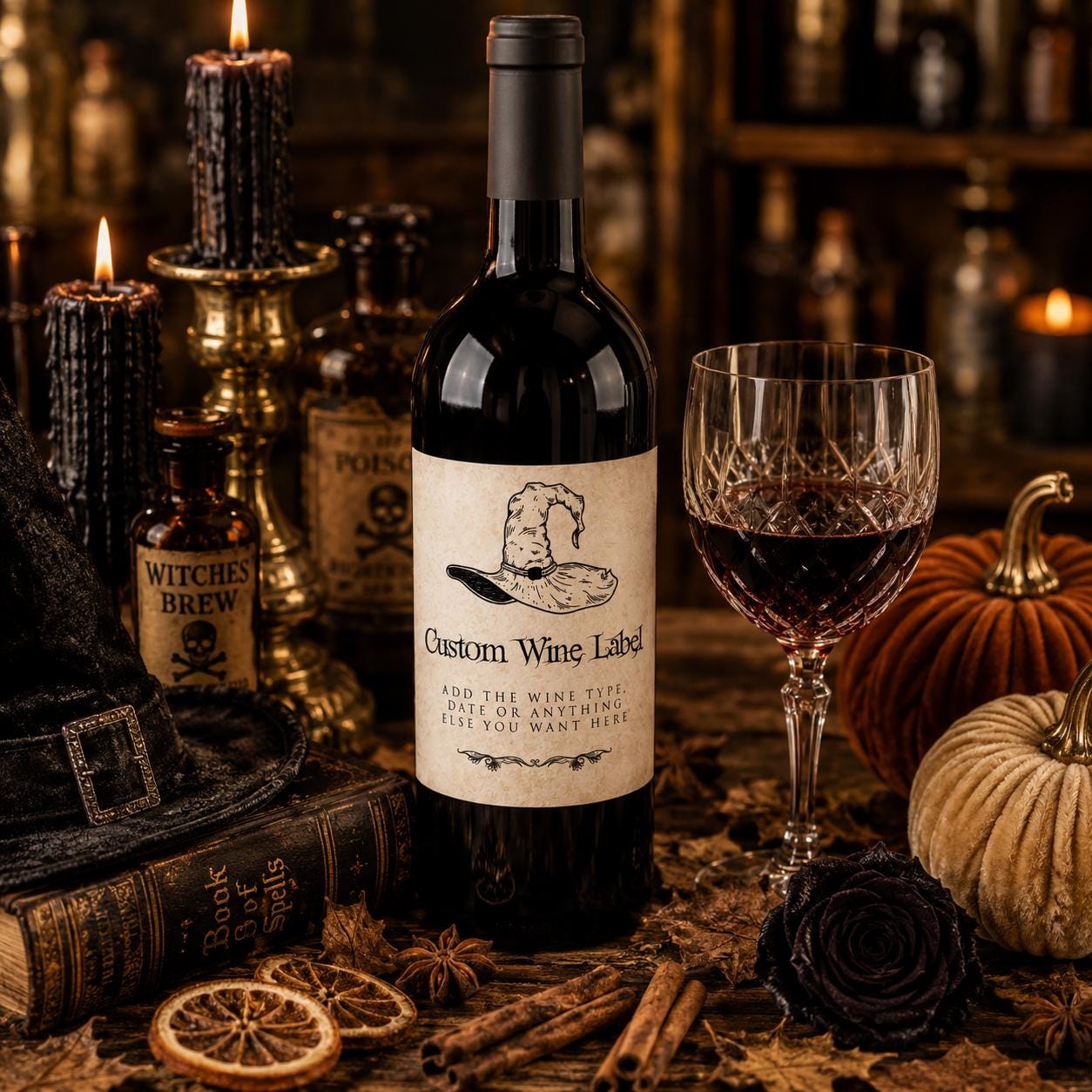 23 Halloween Printable Labels for an Unforgettable Party 3 Vintage Halloween Wine Label Editable Witch Hat Wine Bottle Label…