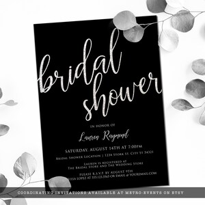 Minimalist Black and Silver Bridal Shower Invitations. Glamorous and Sparkling created with a black background and silver glitter accents. Designed by MetroEvents.