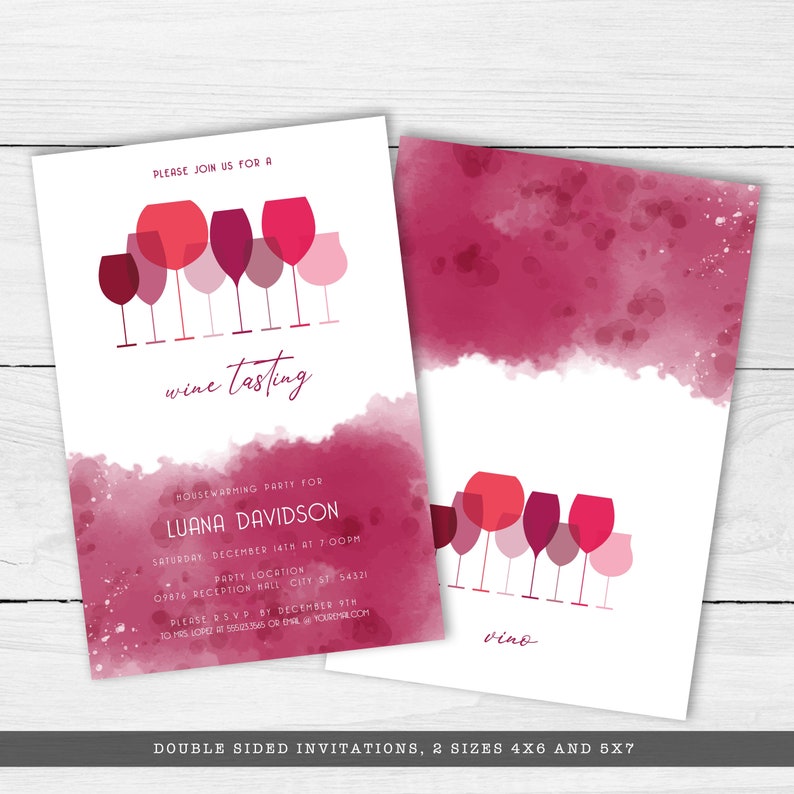 Wine Tasting Party Invitations. This modern and minimalist party set is created with monochromatic wine glasses and watercolor accents. Designed By MetroEvents.