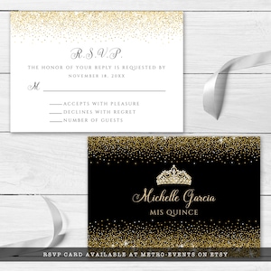 A sparkling-glam party theme, this glitzy response card features faux gold glitter with a diamond and gold crown accent on a black background. Designed By MetroEvents.