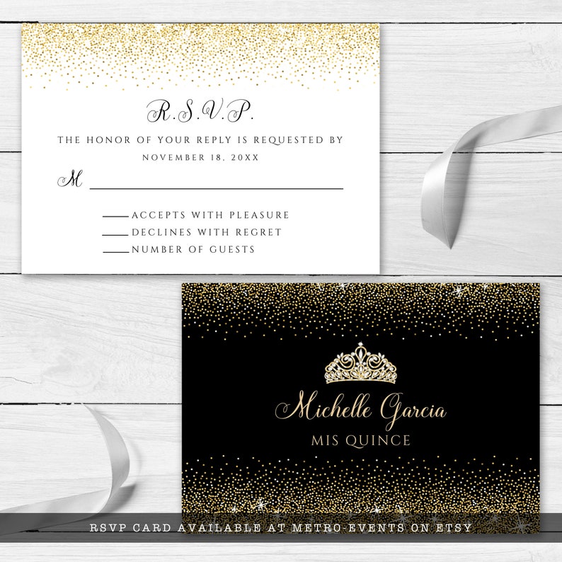 A sparkling-glam party theme, this glitzy response card features faux gold glitter with a diamond and gold crown accent on a black background. Designed By MetroEvents.