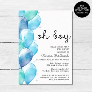 Oh Boy Baby Shower Invitations, Baby Boy Shower Invitation, Blue Balloon Invitation, Printable Invitation, Instant Download, Baby Boy Invite image 3