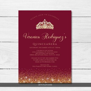 Maroon and Gold Glitter Quinceañera Invitations. Designed with sparkles, faux gold glitter, gold crown with diamond, and burgundy background accents for a fabulous birthday. Designed By MetroEvents