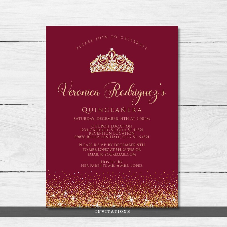 Maroon and Gold Glitter Quinceañera Invitations. Designed with sparkles, faux gold glitter, gold crown with diamond, and burgundy background accents for a fabulous birthday. Designed By MetroEvents