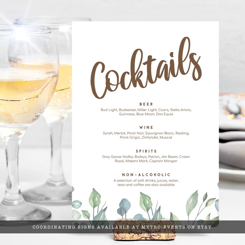 Greenery, Cottagecore-Style Bar Menu Signs. Features soft green leaves covering the corners with a watercolor-style texture. Designed By MetroEvents.