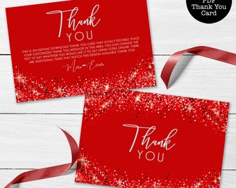 Red Thank You Card, Glitter Thank You Card, Red Glitter Thank You Card, Glitter Thank You Card, Corjl Template, Customizable Thank You Card