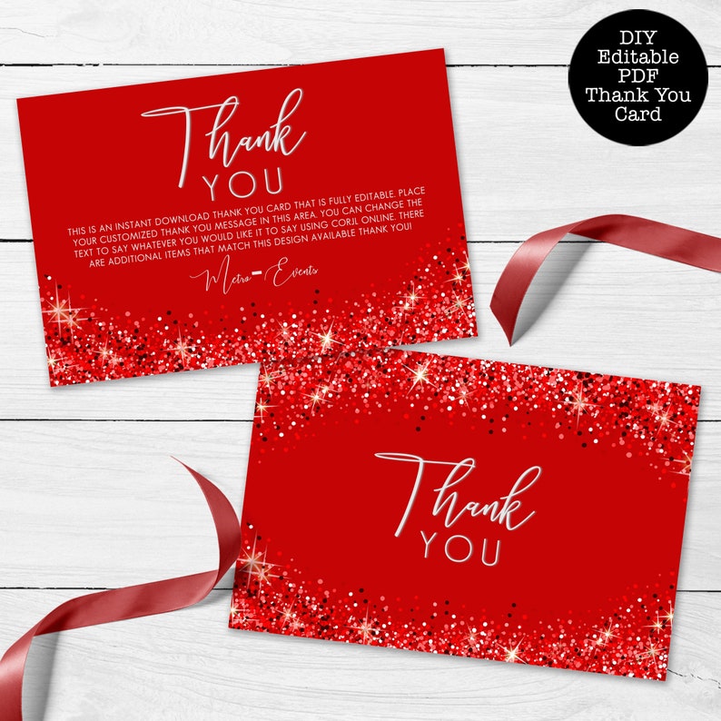 Sweet Sixteen Glam Party Thank You Card. A sparkling party collection featuring flowing typography on a red glittery background. Created By MetroEvents.