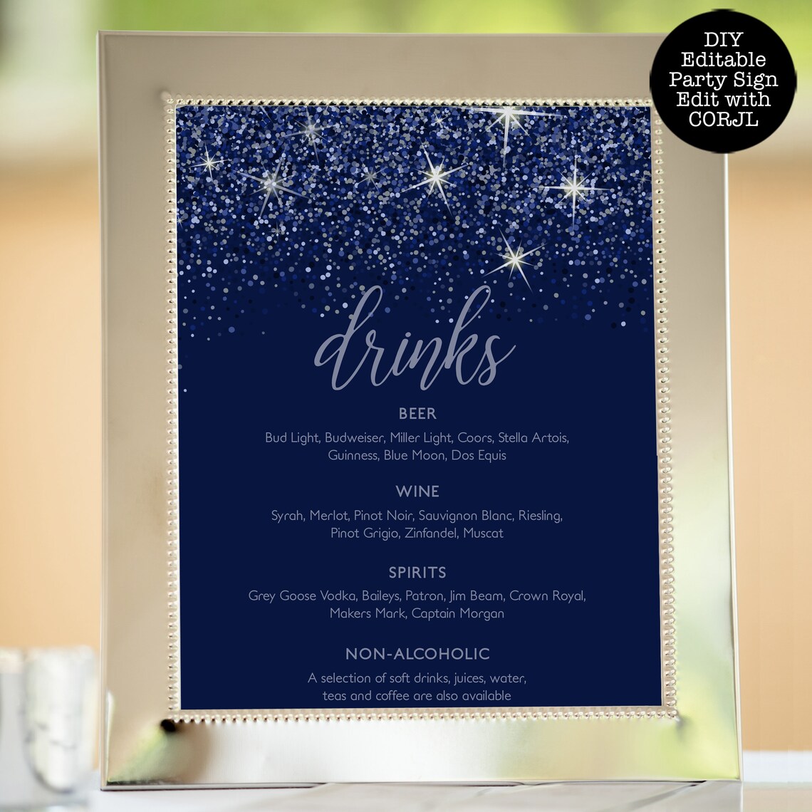 Navy Glitter Drink Menu Customizable Menu Sign Glitter Bar