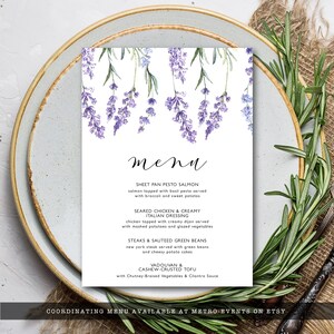 Digital dinner menu Lavender Wildflower Bridal Shower Invitation Template for Corjl