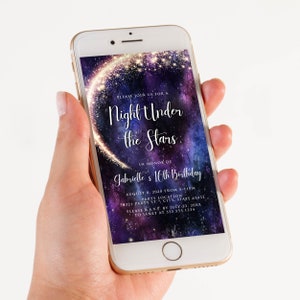 Editable Night Under the Stars Galaxy Party Evite Text Invitation Electronic Invite Smartphone Invitation Corjl Template Sweet 16 Party