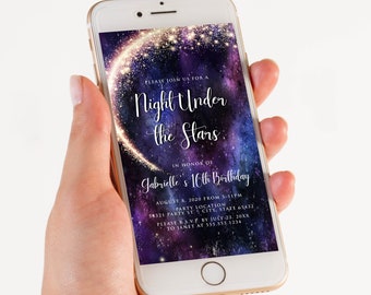 Editable Night Under the Stars Galaxy Party Evite Text Invitation Electronic Invite Smartphone Invitation Corjl Template Sweet 16 Party