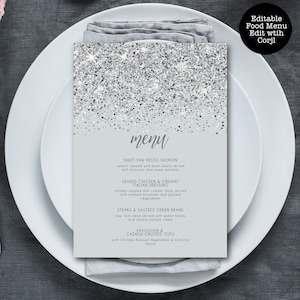 Wydrukuj Srebrne Brokatowe Menu Jedzenia, Menu Niestandardowe, Srebrne Brokatowe Menu, Menu Kolacji, Edytowalne Menu, Natychmiastowe Pobieranie, Szablon Corjl