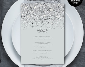 Printable Silver Glitter Food Menu, Custom Menu, Silver Glitter Menu, Dinner Menu, Editable Menu, Instant Download, Corjl Template