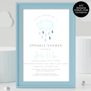 May include: A blue and white baby shower invitation with a watercolor illustration of a cloud with raindrops. The text reads "Please join us for a sprinkle shower in honor of JamieLynn Hunter. Saturday, August 14th at 7:00 PM. Baby shower location | 1234 Stork St. City St 54321. Please R.S.V.P. by August 9th. To Clarissa Lopez at 555.123.3565 or email @ youremail.com. JamieLynn is registered at the baby store and Just Babies."