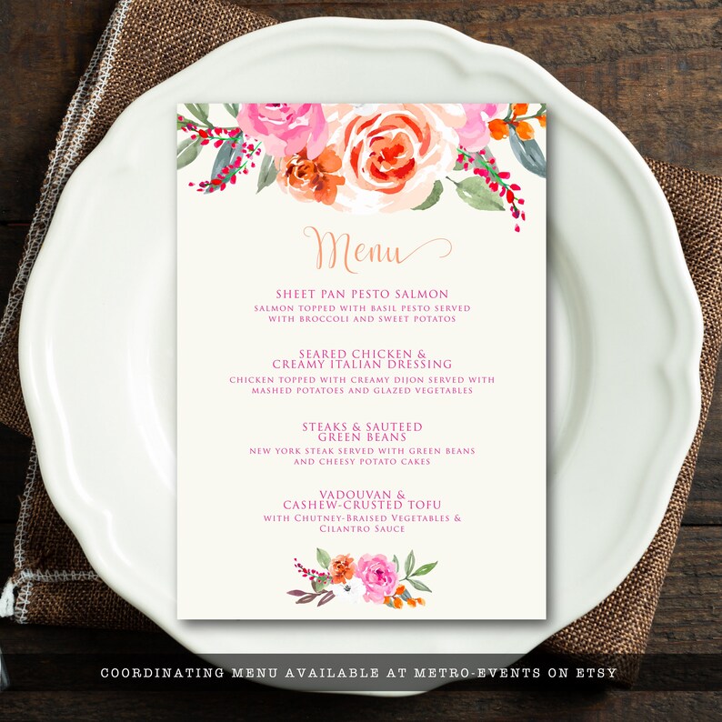 May include: A menu card with a watercolour floral design, featuring pink and orange roses, green leaves, and red berries. The menu lists dishes such as salmon, chicken, steak, and tofu. The word "Menu" is written in elegant script.