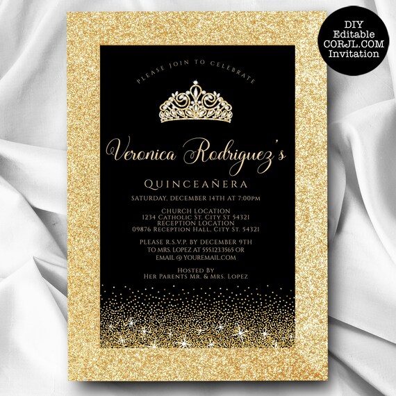Gold and Black Glitter Quinceanera Invitations, Glitter Quinceanera Invitations, Black Quinceanera Invitations, Printable Quince Invitations Il_570xn