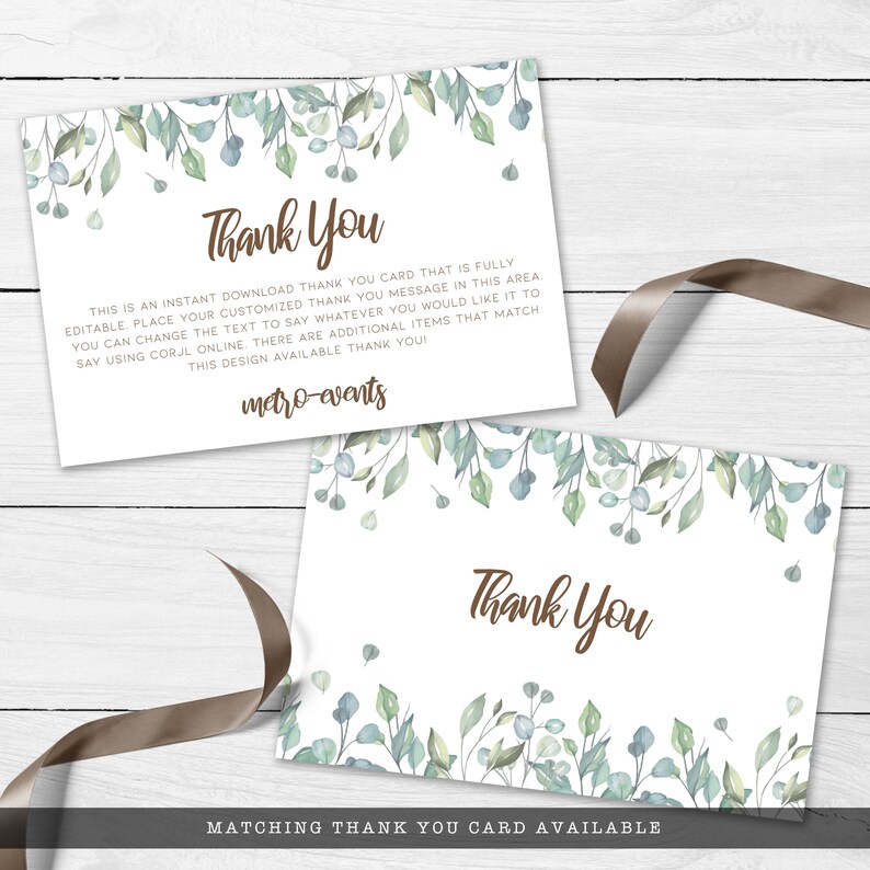 Greenery, Cottagecore-Style Thank You Cards. Features soft green leaves covering the corners with a watercolor-style texture. Designed By MetroEvents.