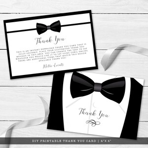 Editable black and white thank you card great for galas, black tie weddings, charity auctions, corporate parties & more. Featuring a tuxedo bowtie and elegant, editable typography. Designed by MetroEvents.