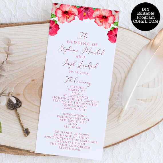 Tropical Floral Wedding Program, Pink Floral Wedding Program, Editable Program, Instant Download, Printable Wedding Program, Corjl Template Il_570xn