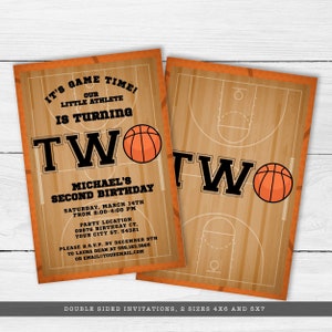 Basketball-themed second birthday invitations. Featuring a basketball court and ball background accented with a basketball and customizable typography. Designed By MetroEvents