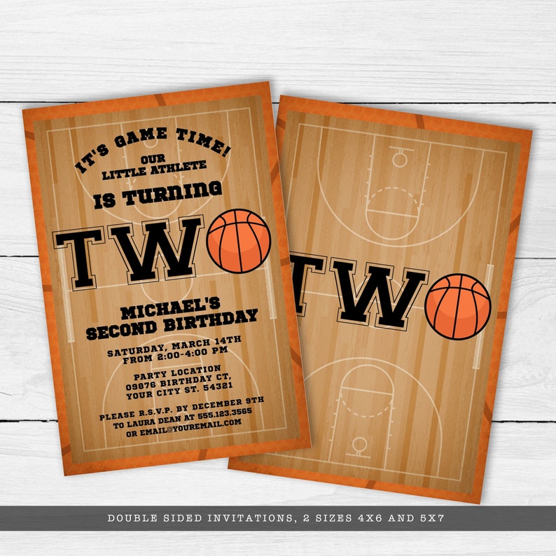 Basketball-themed second birthday invitations. Featuring a basketball court and ball background accented with a basketball and customizable typography. Designed By MetroEvents