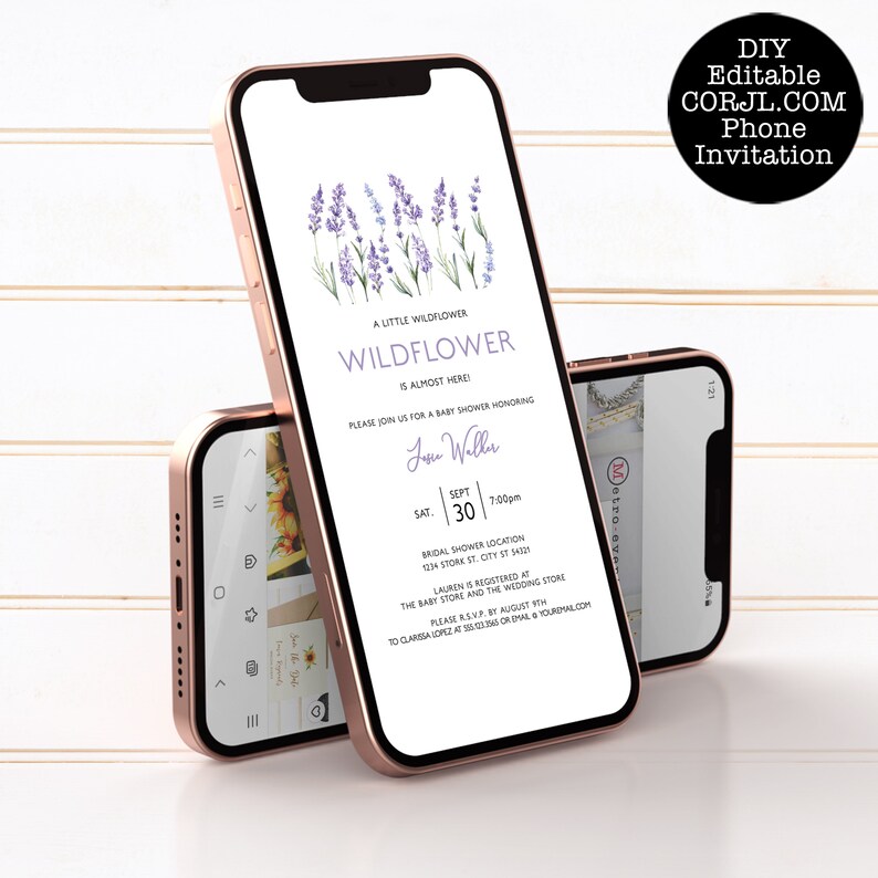 Digital evite for lavender wildflower baby shower featuring watercolor illustrations of wildflowers on a soft purple background.